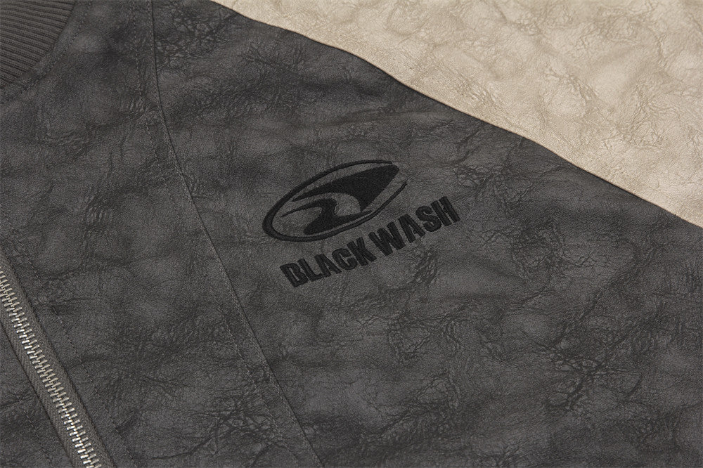 Color Contrast Patchwork Raglan Sleeve Baseball PU Leather Cotton Jacket