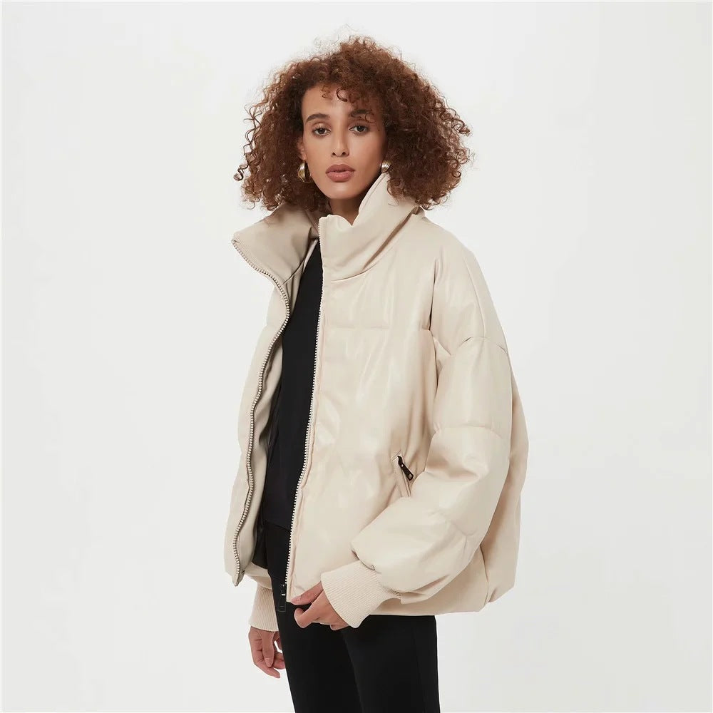 Fashion Urban Casual Solid Color Simple PU Cotton Jacket Women's Small Stand-up Collar