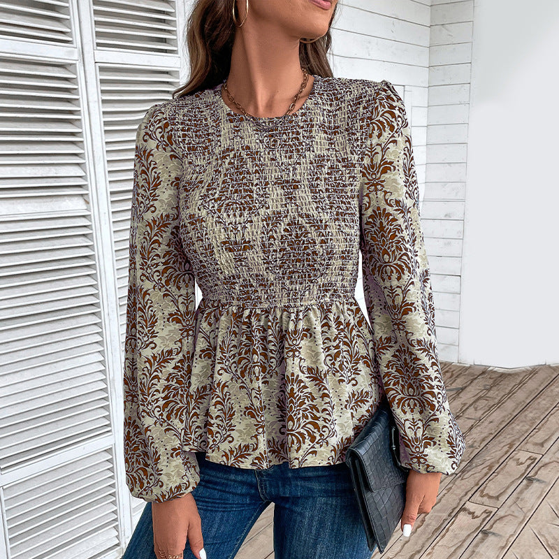 Dame Top Smock Detalje Slim Fit Rund Hals Lange Ærmer Printet