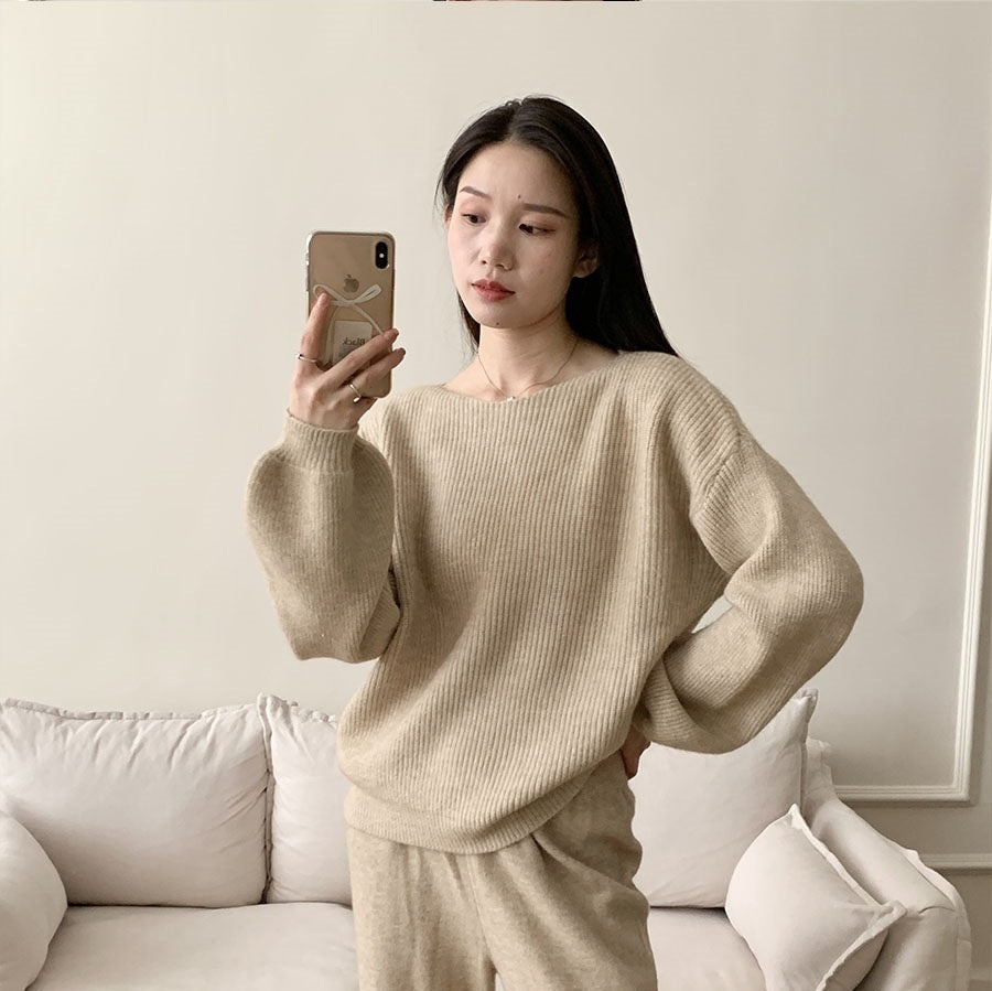 Knitted Sweater Suit Women's Loose Crew Neck Top Wide-leg Pants