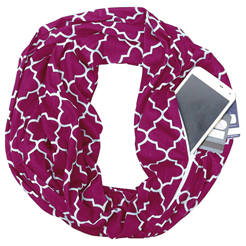 Knitted Infinite Zipper Pocket Scarf Four Petal Flower Print Bib