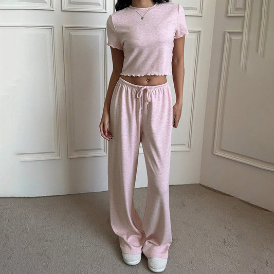 Plain Pink Striped Top And Pants Womens Pajama Set