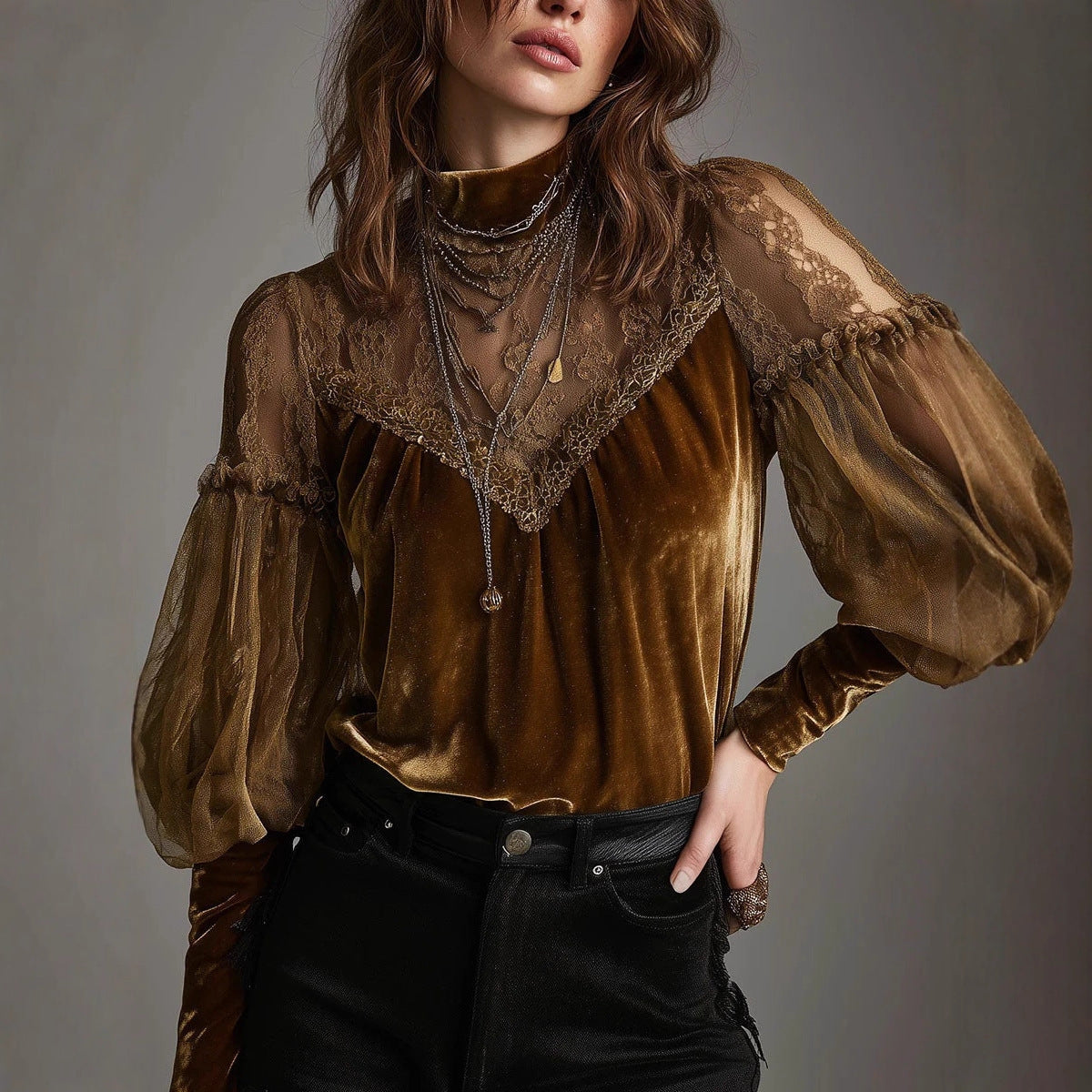 Womens Chic Versatile Half-turtleneck Mesh Top