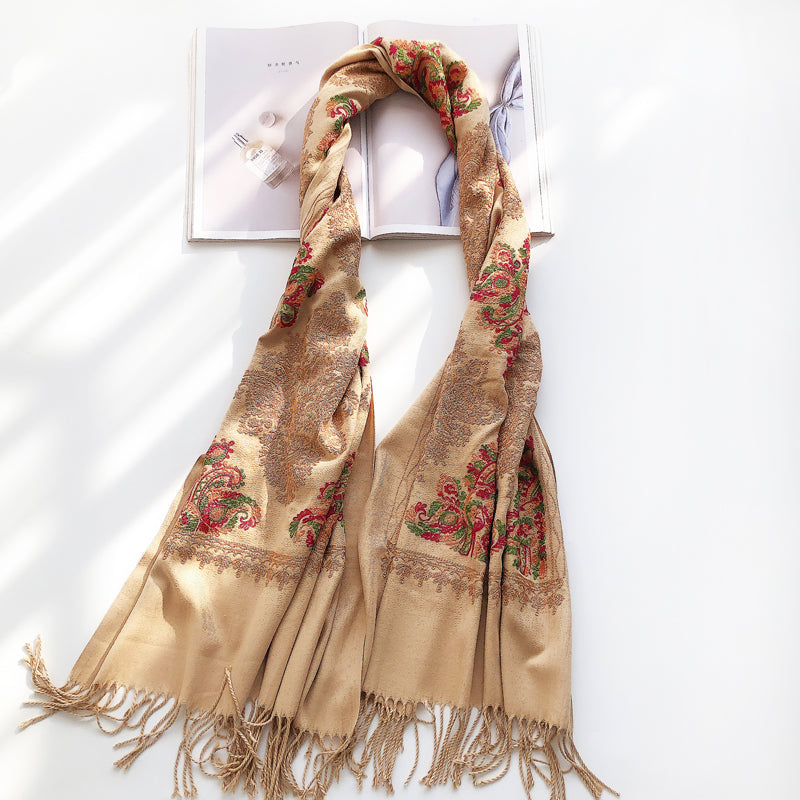 Etnisk sjal/tørklæde til damer med vintagebroderi