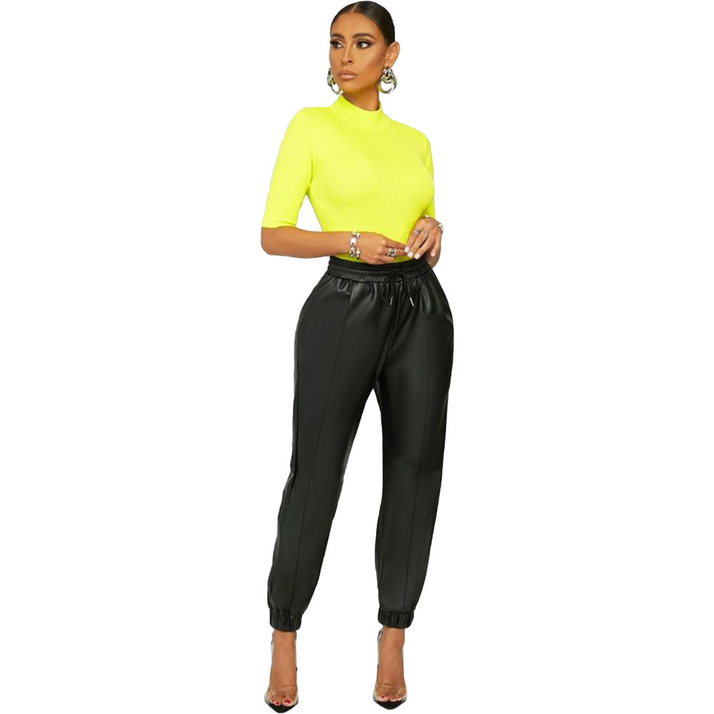 Solid Sexy PU Leather Casual Pants