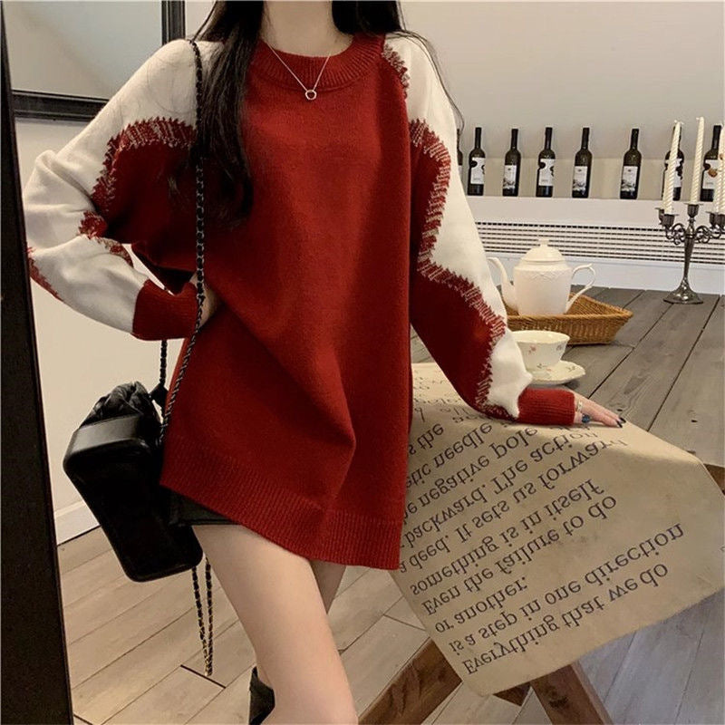 Versatile Red Loose-fitting Sweater New Design Slimming Contrast Color