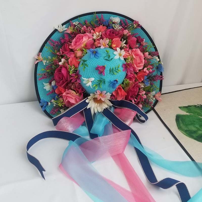 Ladies Fashion Raffia Purple Flower Straw Hat