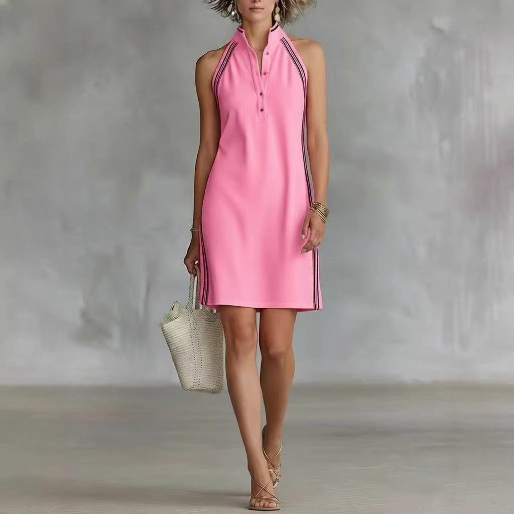 Solid-color Sleeveless Button-up Collar Dress