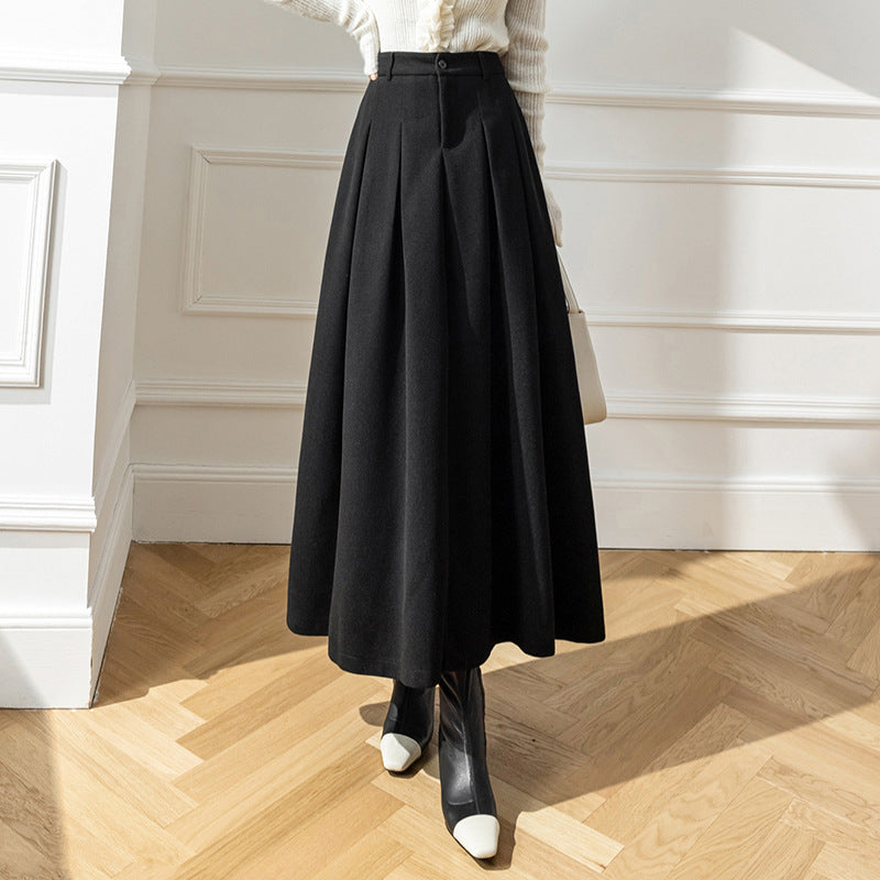 High Waist Korean Style Large Swing Pleated Slimming Woolen Long Skirt