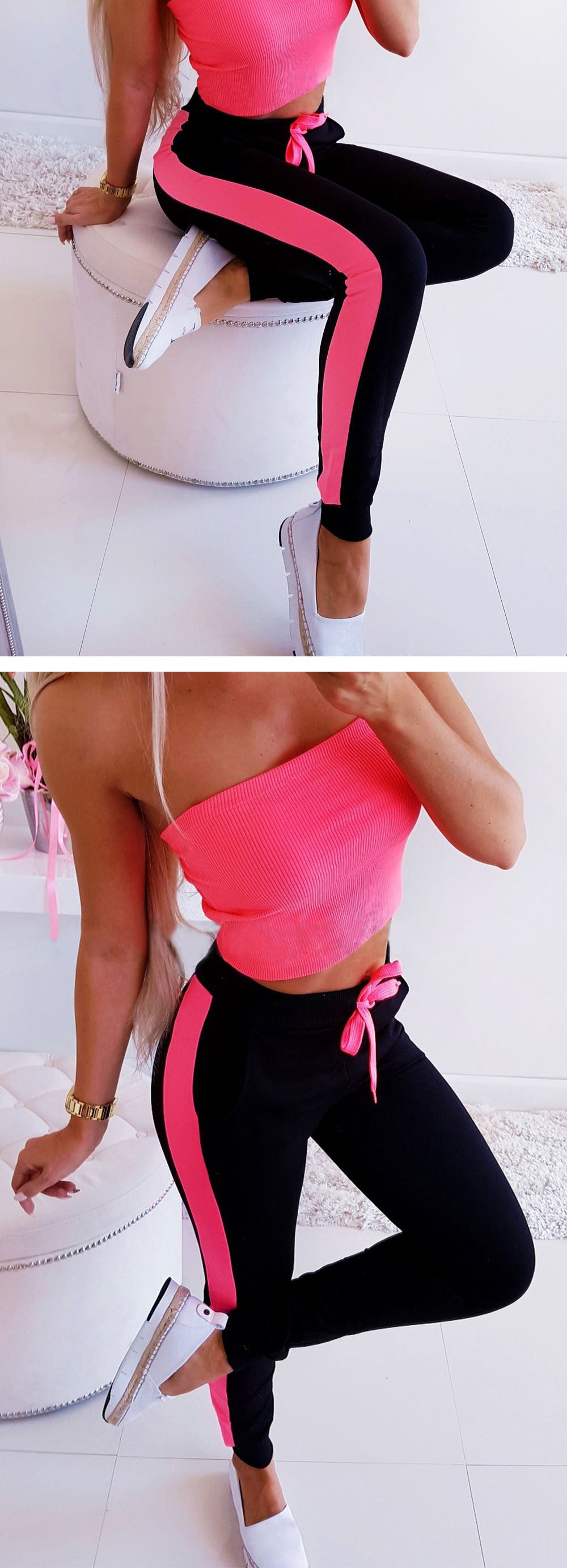 Women Sexy Lace-up Color Matching Trousers