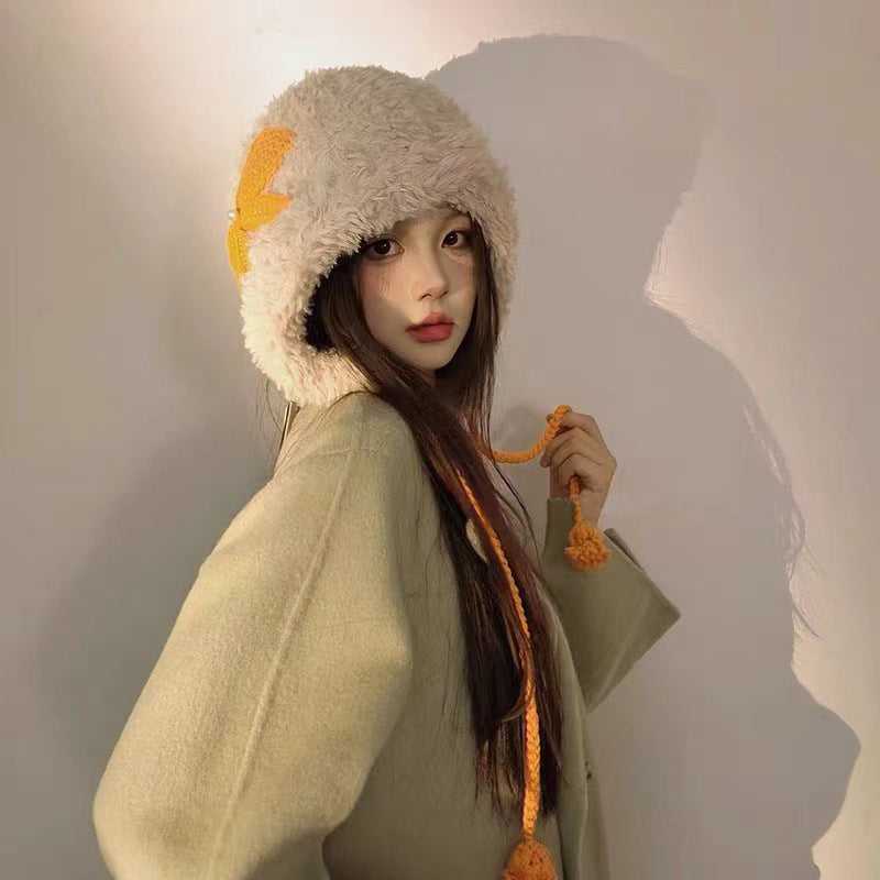 Womens Hand-Crocheted Pom-Pom Hat With Bowknot Warm