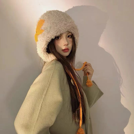 Womens Hand-Crocheted Pom-Pom Hat With Bowknot Warm