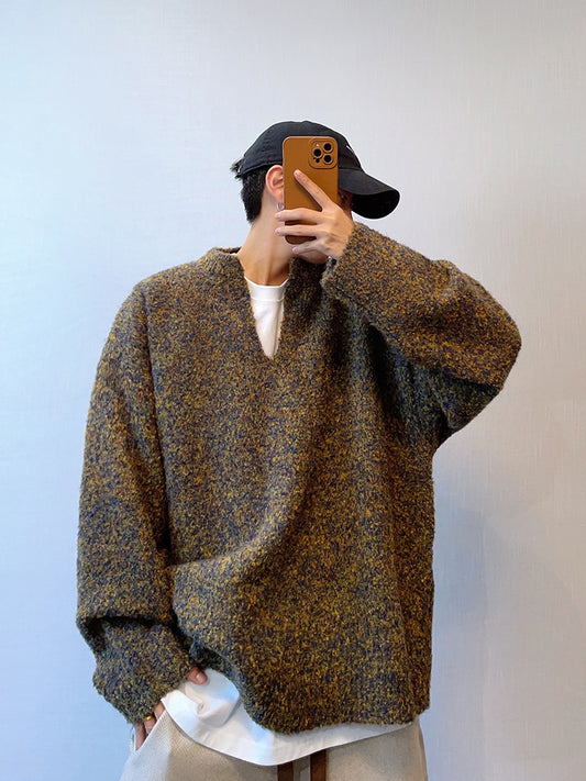 Winter Retro Easy Matching Lazy And Loose Large Design Christmas Moss Green V-neck Off-shoulder Sweater For Men