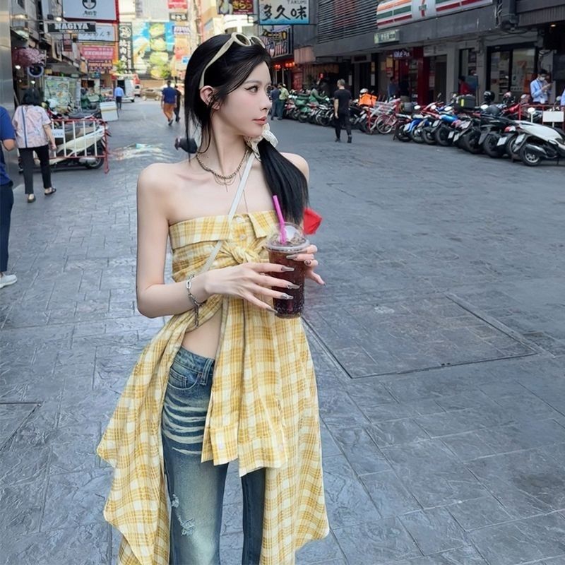 Women's Irregular Yellow Plaid Tube Dress