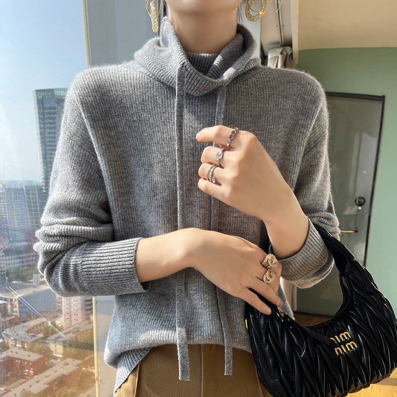 Autumn And Winter Cashmere Sweater Women's Turtleneck Drawstring Loose Thick Pullover Sweater