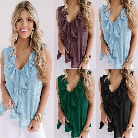 New V-Neck Ruffle Sling Solid Color Shirt
