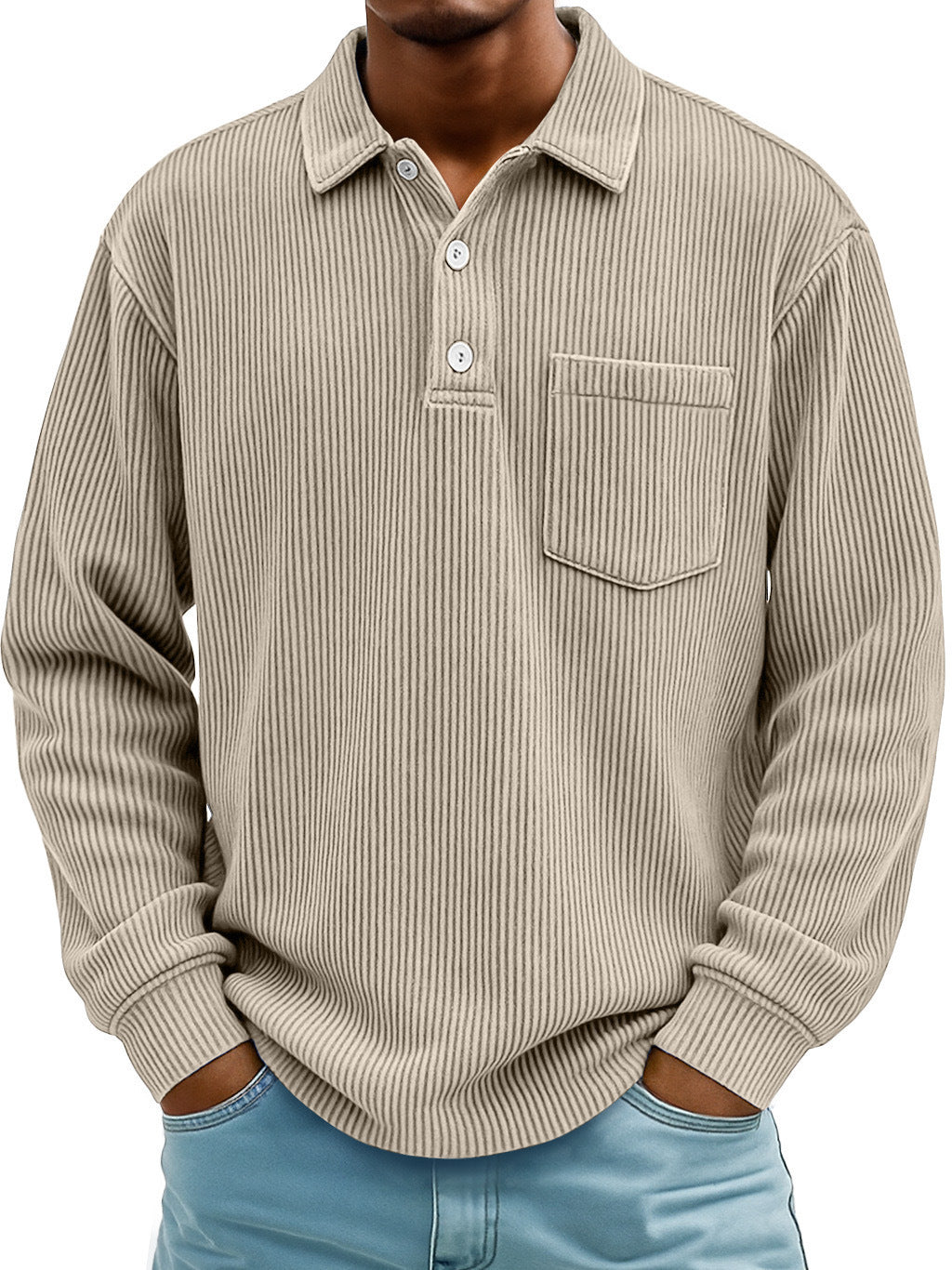 Mens Long-sleeve Polo Shirt Casual Corduroy-striped Top