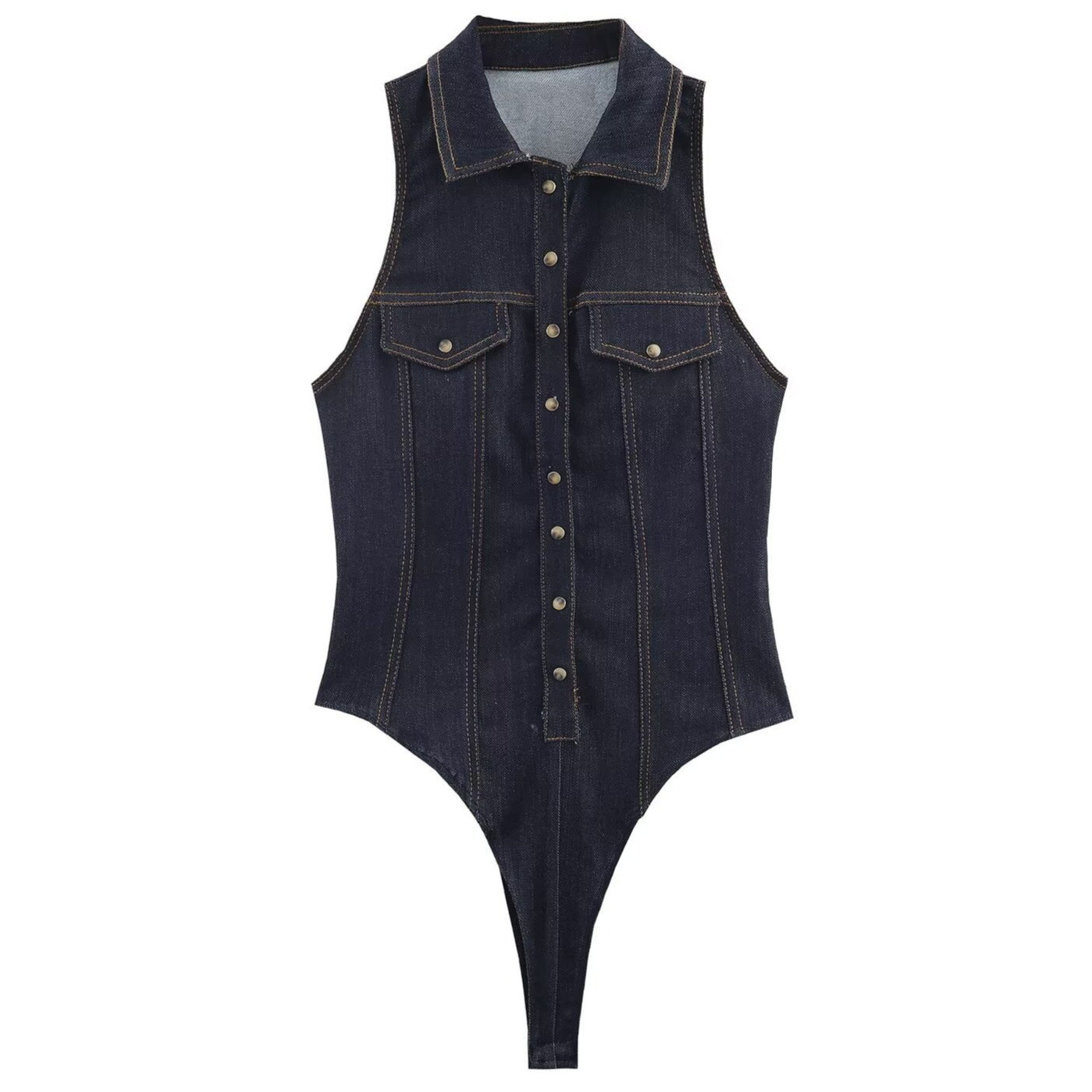 Womens Fashion Solid-Color Sleeveless Denim Bodycon Jumpsuit