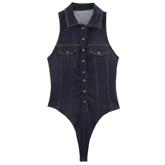 Womens Fashion Solid-Color Sleeveless Denim Bodycon Jumpsuit