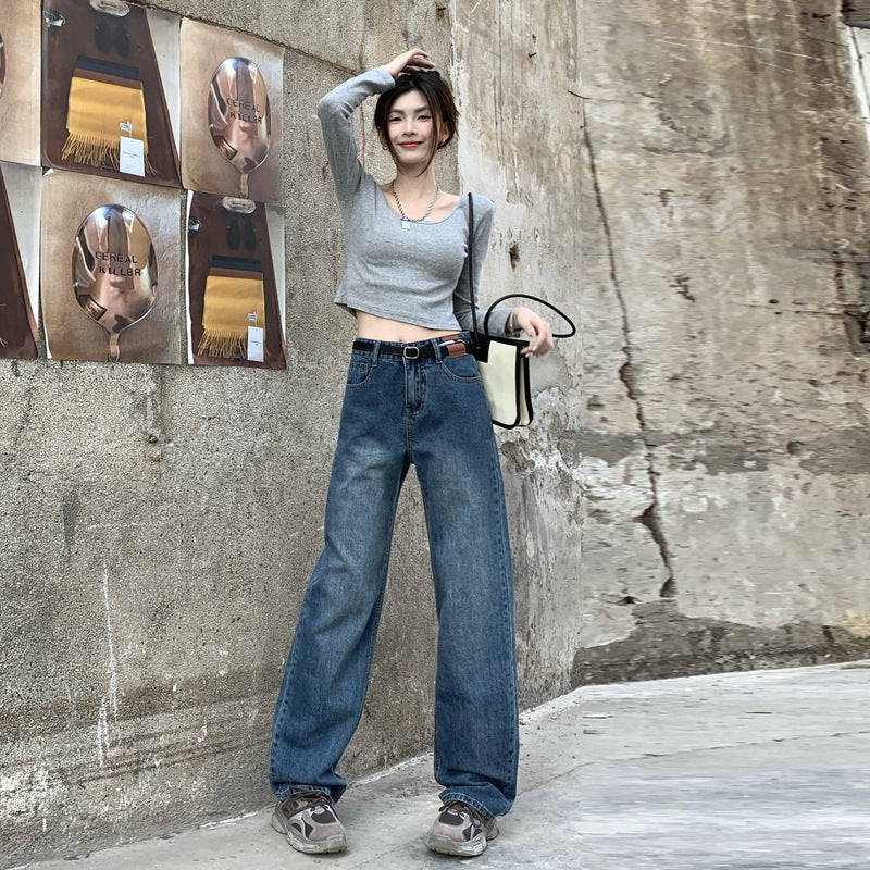 Højkvalitets populære retro straight jeans til kvinder
