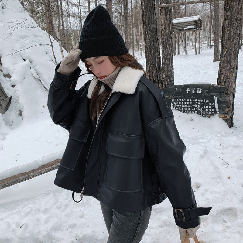 Light Brown Lapel Small Rabbit Fur Thick Loose Short Leather Jacket