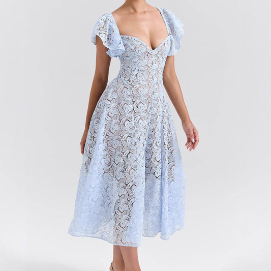 Retro Lace High-Waisted Slimming V-Neck Short-Sleeve Maxi Dress