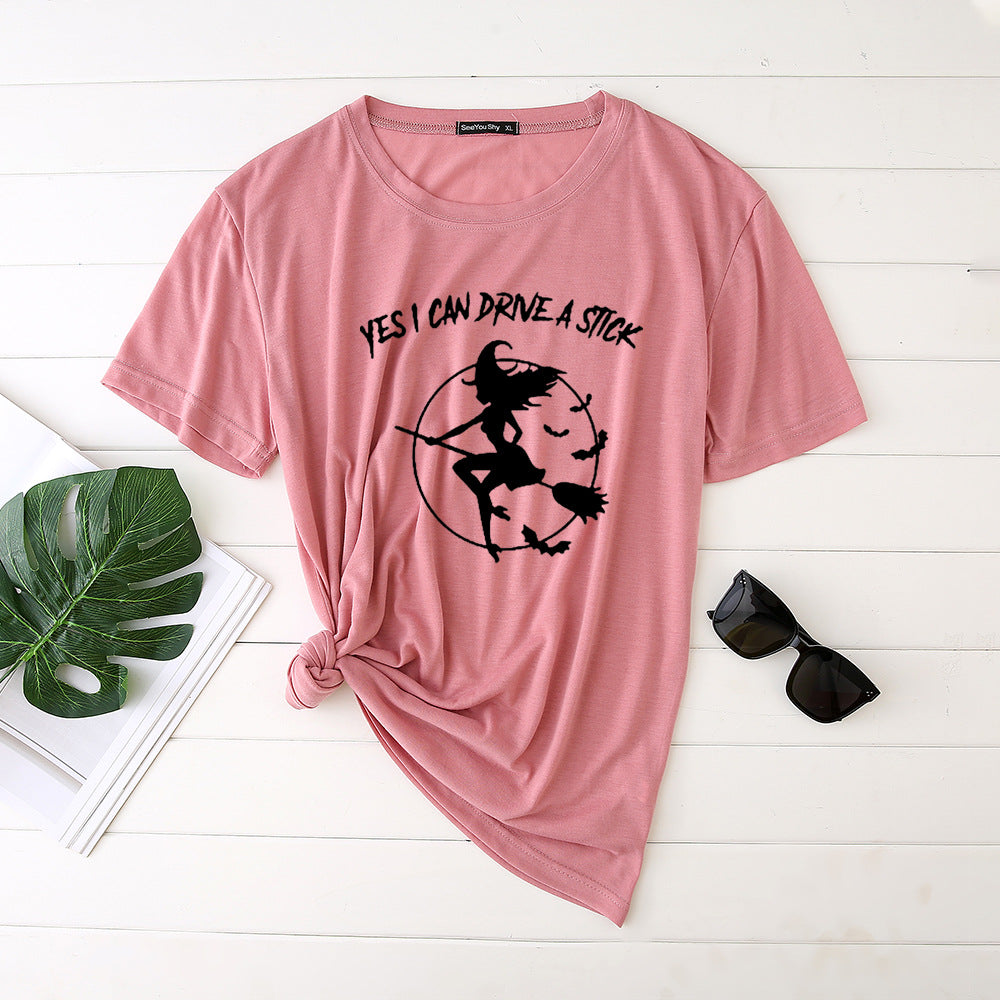 Flying Witch Print Crew Neck Short Sleeve T-Shirt