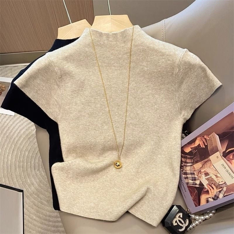 Dopamin Hot Girl Sort Mock-neck Skulder Kortærmet T-shirt Dame Sommer