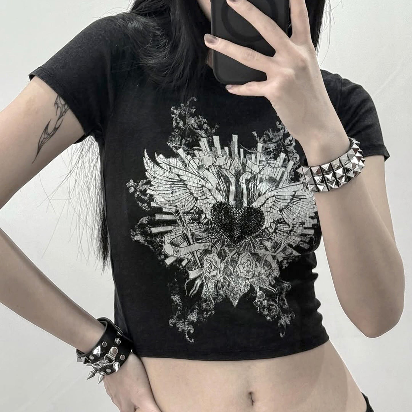Dark-style Edgy Printed Black Crew-neck T-shirt For Summer
