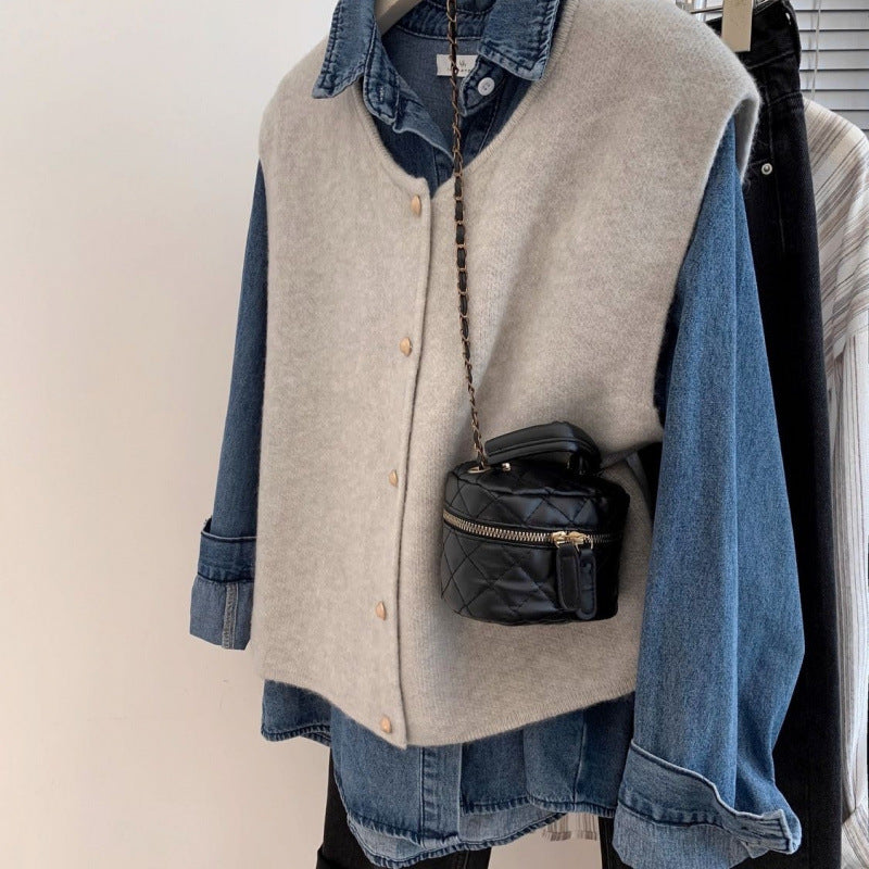 French Retro Small Golden Button Round Neck Knitted Vest For Women Loose