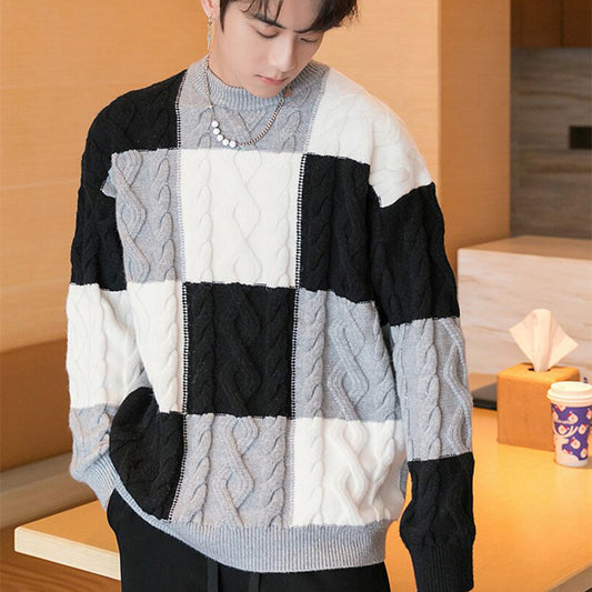 Crewneck Sweater Men's Checkerboard Senior Sense Loose Casual Thick