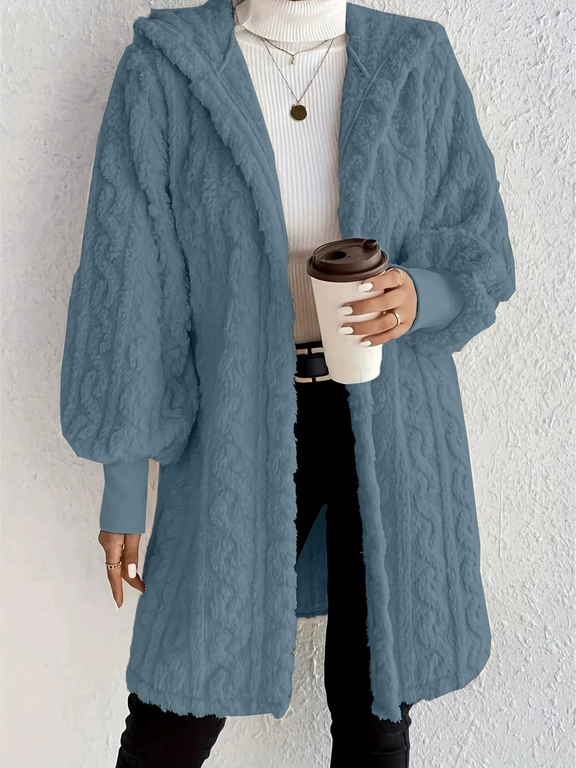 Hooded Double-sided Plush Cuff Thread Long Coat