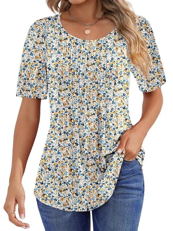 Round Neck Pleated Printed T-shirt