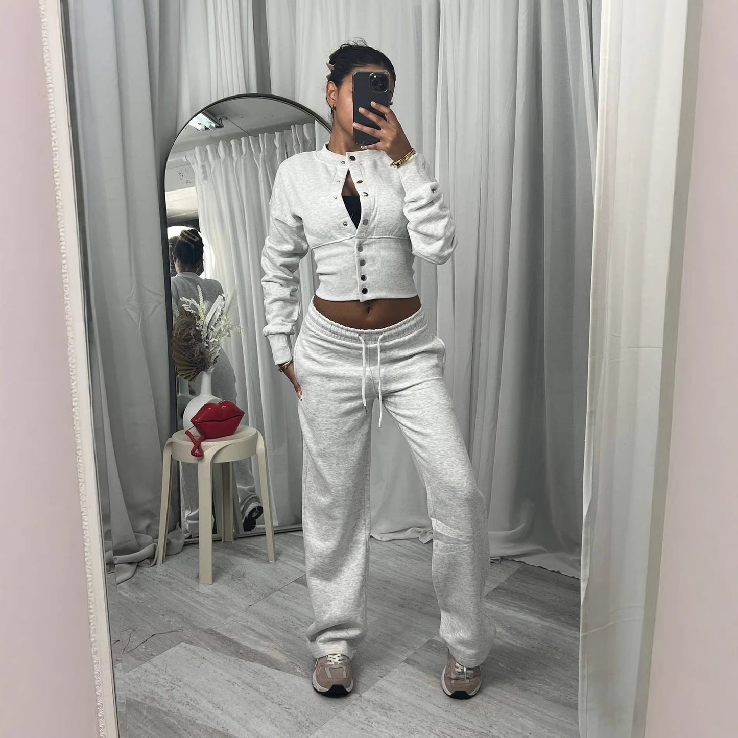 Springautumn New Casual Set Solid Color Buttoned Up