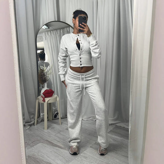 Springautumn New Casual Set Solid Color Buttoned Up