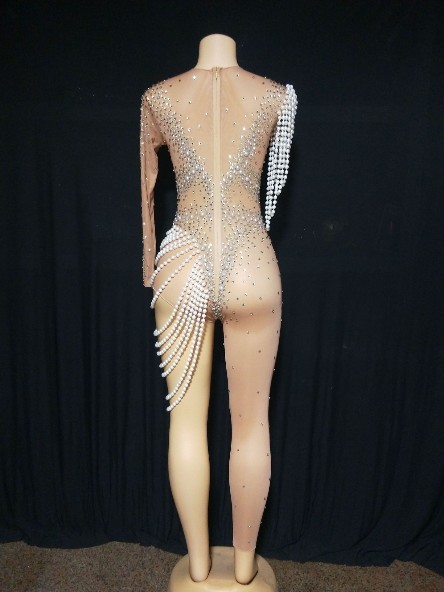 Rhinestone Bead Necklace Stretch Tight Jumpsuit