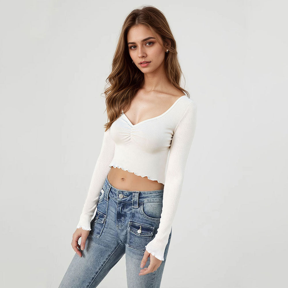 Cropped Long-sleeve Fitted T-shirt Square Neck Sexy Women's Top