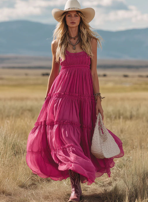Western Retro Rose Red Chiffon Ruffled Sleeveless Maxi Dress
