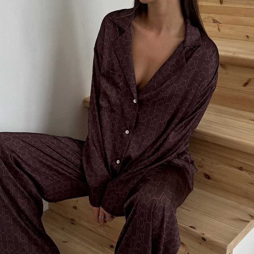 Womens Printed Loose-Fit Long-Sleeve Pajama Set With Pants