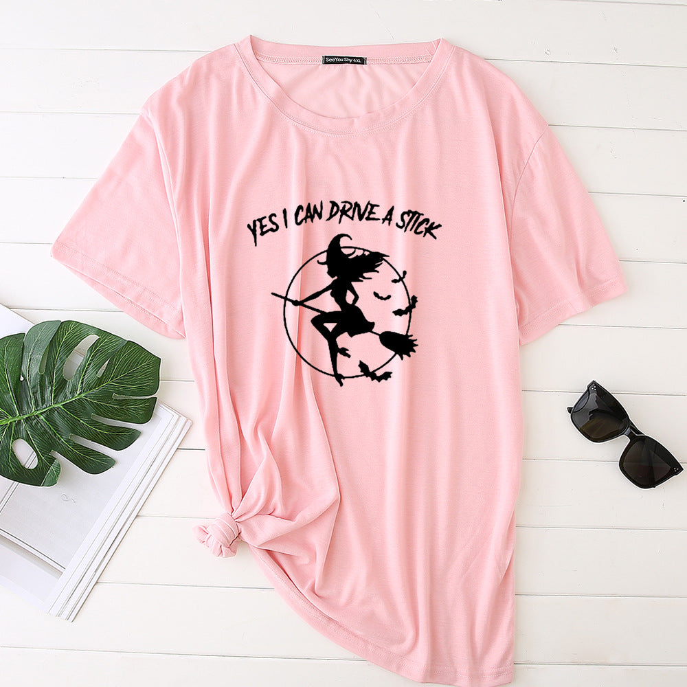 Flying Witch Print Crew Neck Short Sleeve T-Shirt
