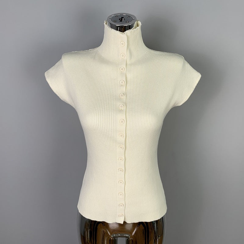 Feminine Single-Breasted Sleeveless Knitted T-Shirt Top