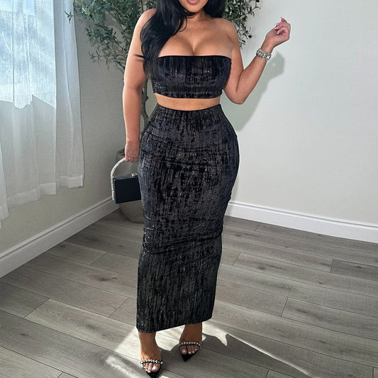 Womens Midriff-baring Tube Top And Skirt Set