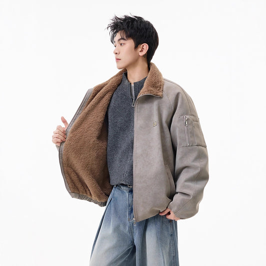 Mens American-style Fleece-lined Cotton Coat With A Lapel Featuring Tie-dye PU Leather And Fur In One And Extra Padding