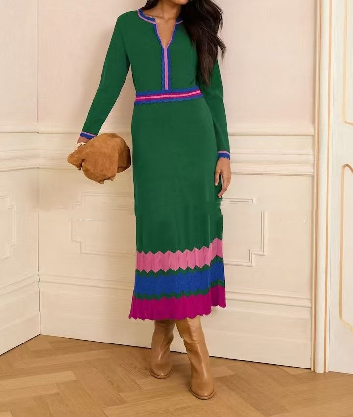 Patchwork V-neck Long Retro Waist-cinched Dress