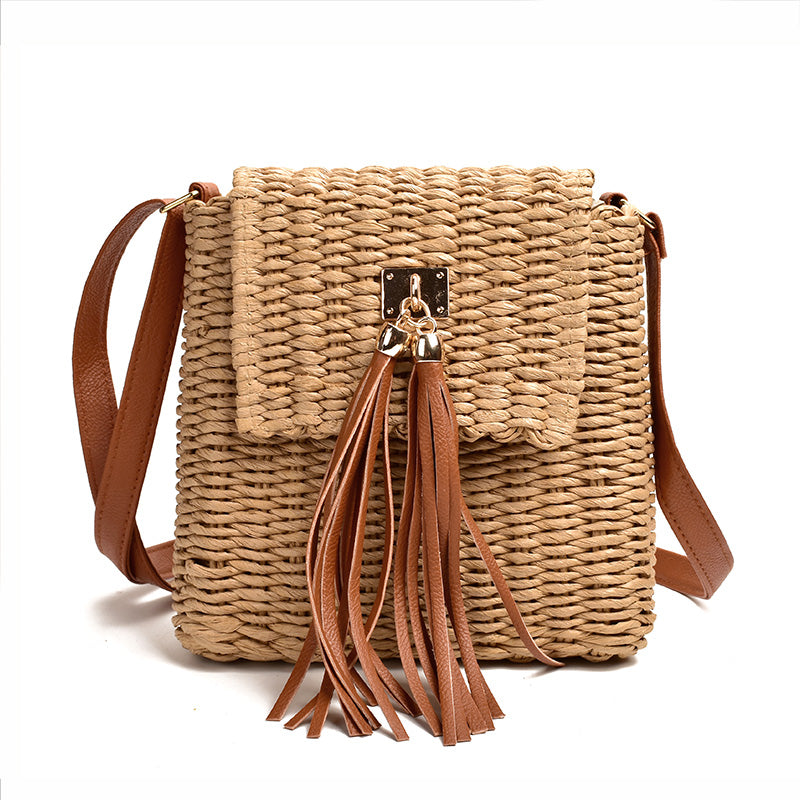 New Women's Straw Woven Diagonal Paper Rope Tassel Bell Bag