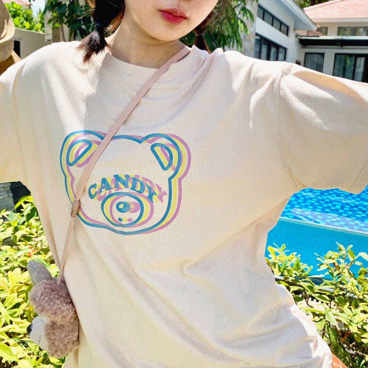 Dizzy Bear Japanese-Style Printed Loose-Fit Versatile Casual Crew-Neck Short-Sleeve T-Shirt For Women