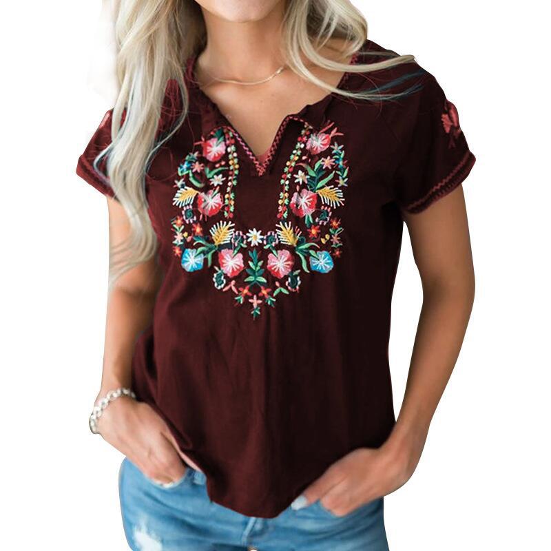 Spring Summer  Retro Embroidered Short Sleeve T-Shirt Women