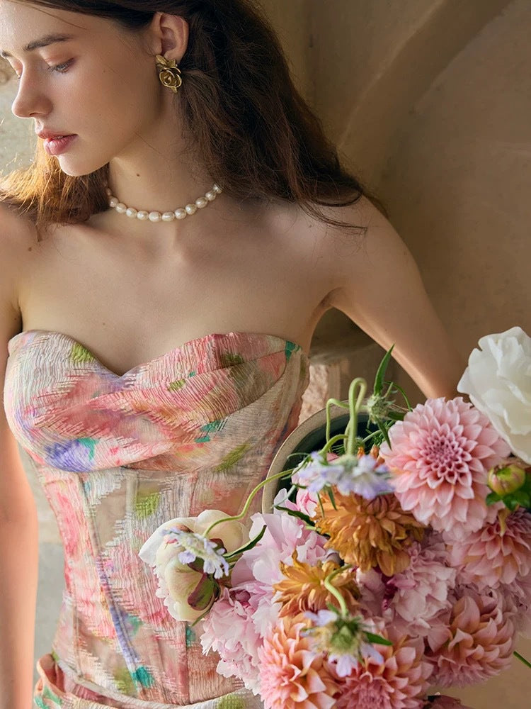 Romantic Oil-Painting Style Lace Figure-Lifting Fishbone Corset And Skirt Set For Summer