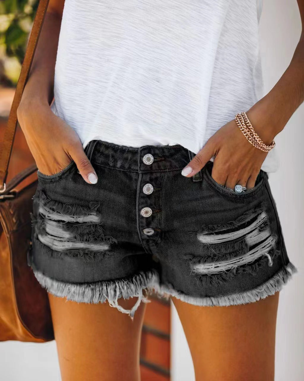 Fringed Denim Shorts Straight Breasted Women's Hot Pants