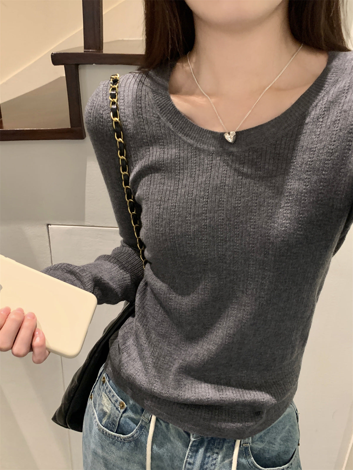 Pattern Round Neck Long Sleeve Sweater
